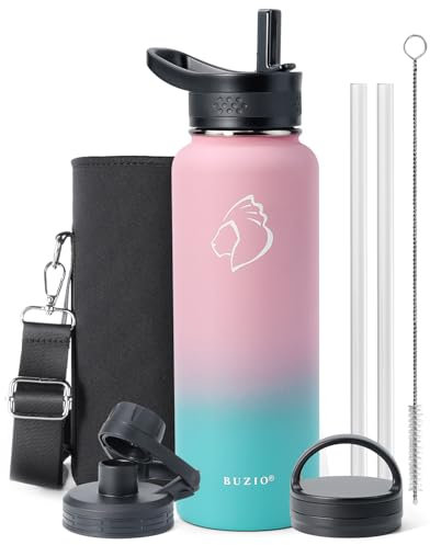 BUZIO 1180ml Water Flask, Insulated Water Bottle with Straw Lids Stainless Steel Canteen Metal Thermo Mug Hydro Cup Jug, Double Vacuum Hot Cold Water Bottles with Carrying Pouch,Bubble Gum