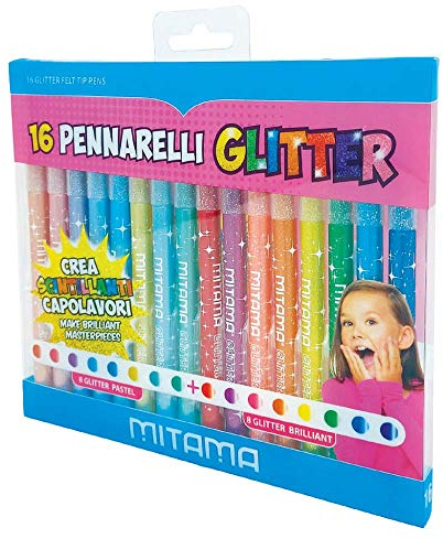 MITAMA Game Boxes - Kreativa Kit - GLITTER PENNARELLI - Triangulära, Fin spets - 16 st - 8 kritor + 8 lysande i husdjurslåda - Kreativa spel för barn, flickor - Utbildningsspel