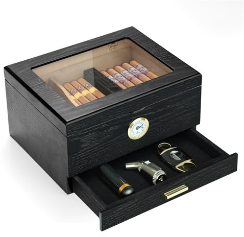 Slege Humidor de Puros, Humidor Puros Cubanos, Humidor con Cajón y Tapa de Cristal, Estuche Puros de Cedro Español, Humidificador, Divisor, Higrómetro, Regalo Hombres, Accesorios Puros
