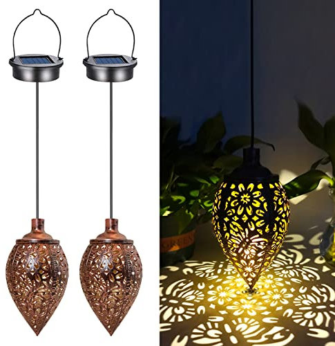 2 PCS Luces Solares Led Exterior Jardin,Farolillos Solares Exterior Colgantes,Lámpara Solar Decoración,Lámpara Metal Decorativa Impermeable,para Lawn Terraza Paisaje Patios Caminos,Iluminación Caminos