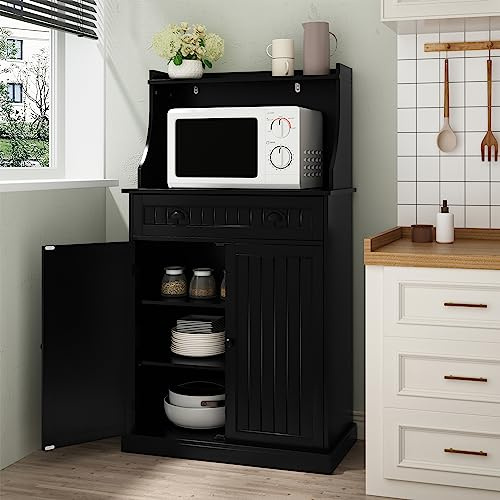 ARTPOWER 54 Kitchen Microwave Cabinet/Stand with Storage and Drawers, Pantry Storage Cabinet with Hutch & Adjustable Shelves for Kitchen, Dining Room, Living Room, Hallway in Black