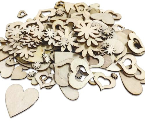 500 Stück herzförmige Holzspäne-Dekorationen, 50 Stück Blumen-Holzspäne, dekorativer Holzaufnäher, handgefertigtes Kunsthandwerk, geeignet für Weihnachten, Hochzeit, Geburtstag