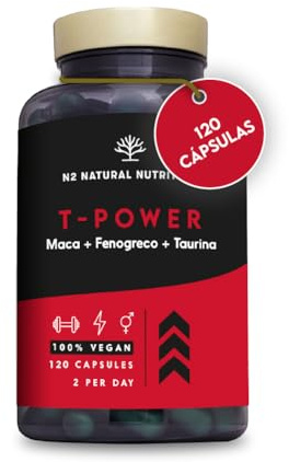 T - Power 100% Natural Male Enhancer avec Maca, Ginseng, L-Taurine, Fenugrec et Poivre Noir. Stimulant + Force + Endurance + Energie. Pre workout. 120 gélules. Végétalien. N2 Natural Nutrition