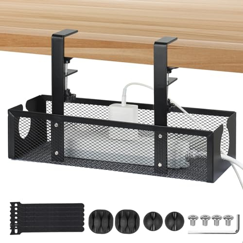BEZORR Under Desk Cable Management Tray, Cable Management Tray,34cm Metal Cord Organizer for Power Adapter, Cords,No-Drill Wire Holder with Clamps for Desks, Offices and Home