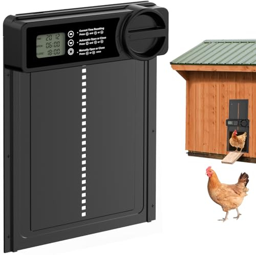 Budsom Automatic Chicken Coop Door - Aluminum Auto Chicken Coop Opener with Anti-Pinch Sensor, Battery Powered Chicken Door with Smart Timer & LCD Display, Waterproof