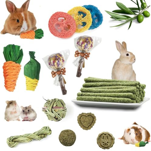 17 Stück Kaninchen-, Meerschweinchen-, Hamster- und Hasen-Spielzeug - Natürliche Timothy-Heustäbchen, Apfelholzstäbchen für Zahnpflege - Handgefertigt