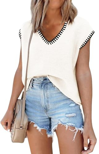 Womens Knit Tank Tops Summer Casual Cap Sleeve V Neck Lightweight Knitted Striped Sweater Pullover Top White