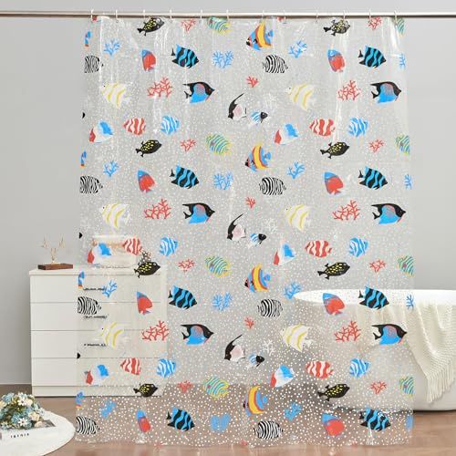 TZTZBO Clear Shower Curtain Tropical Fish, 78 L x 72 W Waterproof Lightweight Fish Shower Curtain Liner, PEVA Long Fashion Bath Shower Curtains with 12 Grommets Hooks for Bathtub Bathroom