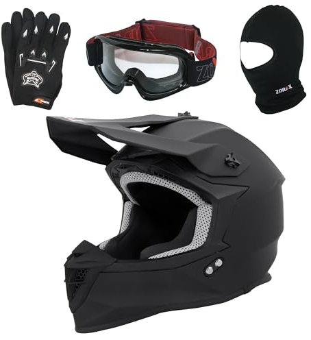 Zorax Matt Black M (57-58cm) ZOR-X303 Motocross Motorbike Helmet Dirt Bike Helmet & Black Gloves M(9cm) & Black Goggles & Balaclava