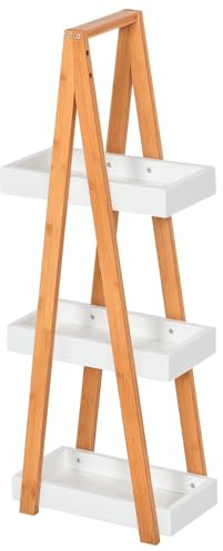 kleankin Scaffale Salvaspazio da Bagno in MDF e Bambù, Forma a Piramide con 3 Mensole, Color Legno e Bianco, 30x18x81cm