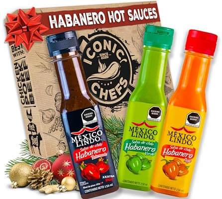 ICONIC CHEFS® Habanero Chili Hot Sauce Geschenkset 100% MEXIKO – MEXICO LINDO Chili Sauce Geschenkset Männer – 3x Scharfe Soße – Grillsaucen Geschenkset – Scharfe Soßen Set– Grill Geschenke für Männer