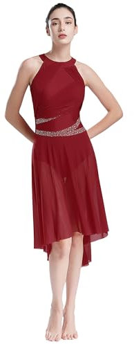 Yhong Damen Ballettkleid Lyrisches Tanz Kostüm mit Mesh Asymmetrisch Rock Ballett Trikot Body Kleid modernen zeitgenössischen Tanz Tüllkleid Burgundy M