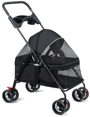 loyliawa 2 in 1 Haustier-Kinderwagen, zusammenklappbarer Hundebuggy mit 4 Rädern, Hunde/Katzen-Welpenwagen mit Aufbewahrungskorb, Getränkehalter, wasserdichte Polsterung, Sonnenschutz für kleine,