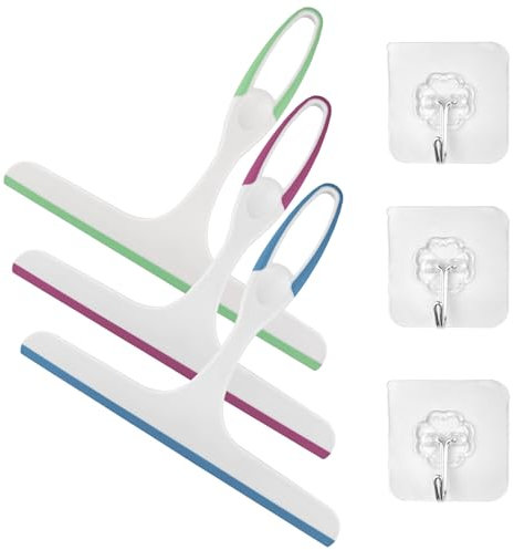 Chiluxendo 3 Stück Duschabzieher Kunststoff, Bad Abzieher Dusche, Vielseitig Fensterabzieher, Duschkabinenabzieher, Scheibenabzieher, Shower Squeegee, Duschkabinen Abzieher mit Haken (Blau Rosa Grün)