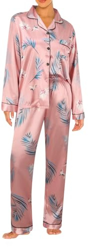 Conjunto de Pijama Seda Mujer, Pijamas Raso Invierno Largo para Mujer con Botones, Pijama Saten Camisero de Manga Larga Y Pantalon, Ropa de Dormir de Descanso de Dos Piezas Traje de Casa