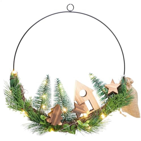 com-four® LED-Kranz mit Timer - 30 cm Metallkranz mit 20 warmweißen LEDs - Dekorative Beleuchtung mit Winterhaus und Bäumen - Innen-Beleuchtung für Weihnachten (Bunter LED-Kranz)