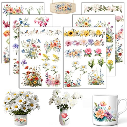 Rub On - Adesivi a forma di fiori, formato A5, 6 pezzi, per mobili, vetro, legno, scrapbooking, fai da te (fiori)