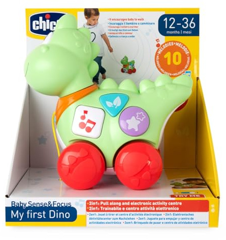 Chicco Gioco il Mio Primo Dinosauro, Gioco elettronico trainabile, Leggero e Facile da muovere, ruote libere, 3 pulsanti elettronici, suoni e canzoni per imparare lettere, numeri e forme, 12-36 M