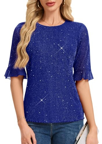 HomRain Womens Glitter Blouse Tops Fully Body Sequined Round Neck Lined Bell Sleeve Sequin Blouses T-Shirt for Party RoyalBlue L