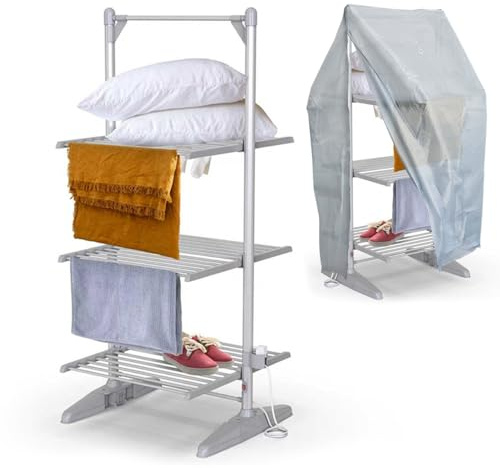 Electric 3 Tier Heated Clothes Airer with Cover, Foldable Electric Clothes Drying Rack Electric Clothes Horse with 36 Heated Rails for Quick Drying, 21M Drying Space, 300W