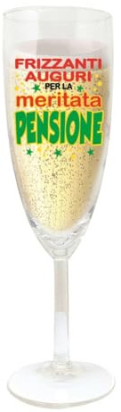 Ritria Flute Pensione in Vetro 20 cm - Calice Regalo Pensionato con Scritta “Frizzanti Auguri per la Meritata Pensione” - Bicchiere Champagne per Brindisi Pensionamento - Regalo Pensione Uomo