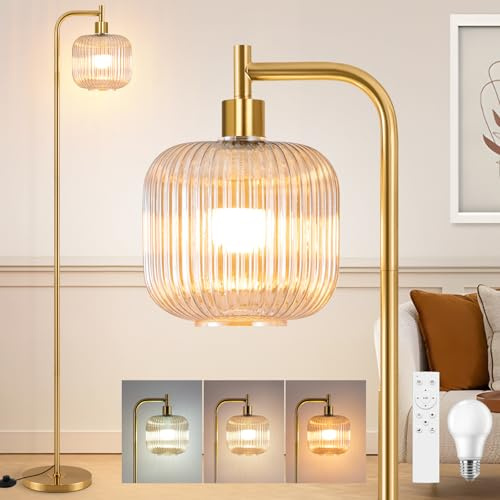 Vloitgol retro LED-golvlampa dimbar, 160 cm vintage golvlampa vardagsrum med bärnsten glaslampskärm, fotströmbrytare, fjärrkontroll, 2700–6500 K, moderna golvlampor för vardagsrum sovrum kontor