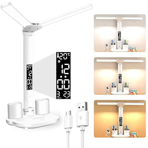 SHIZII Lámpara de Escritorio LED Recargable con Pantalla LCD, Luz de Mesa Plegable con 3 Modos de Color y Brillo Ajustable, Puerto USB, Portalápices y Calendario para Estudio Oficina Dormitorio