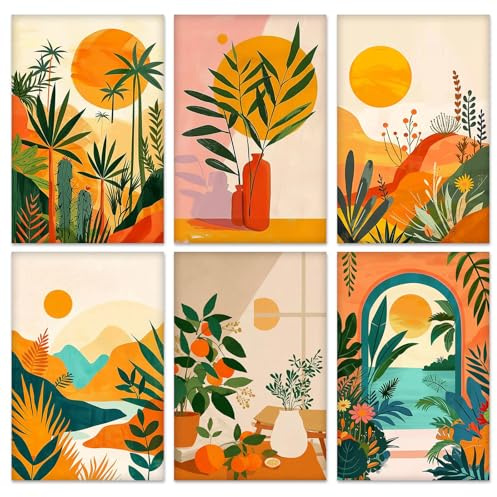 QENSPE 6 Pack Paint by Numbers Kit, Stretched Canvas Boards for Painting for Adults, Wrinkle-Free Acrylic Oil Painting for Students Beginners, Drawing Party Supplies, Plants Landscape (20x30 cm)