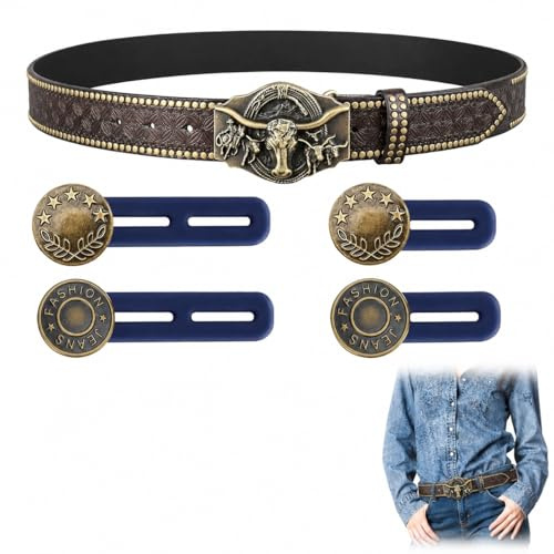 FMPXYYA Cintura Western in Pelle Marrone 120 × 3,8 cm con 4 Bottoni di Estensione Vita, Cintura Cowboy Donna con Fibbia Incisa Elegante, Stile Country per Jeans, Lavoro e Tempo Libero