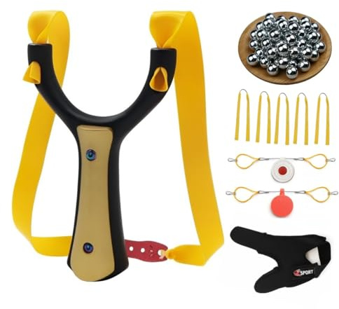 Kit Fionda DUOSHANG con sfere in acciaio, bande di ricambio, bersagli e guanti per fionda, nero e giallo, impugnatura ergonomica (01Giallo)