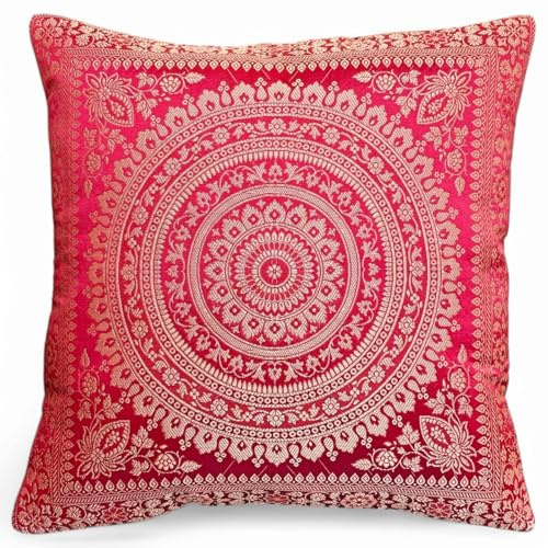 Original Kikan Indian patchwork mandala sari ethnic silk Banarsi cushion covers mandala 16x16 (Red)