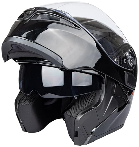 Flip-Up Motorcycle Helmet Dual Visor Sun Shield Flip up Modular Motocross ECE Approved Helmets (Large, Gloss Black)