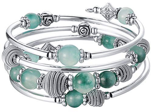 Bulinlin Silber Wickelarmband mit Naturstein Perlen Boho Mehrschichtiges Damen Armbänder Geburtstags Modegeschenk für Frauen(Jade Green)