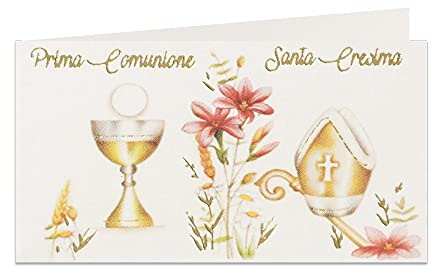 Cartotecnica Italiana 100 Pz Bigliettini Bomboniera Prima Comunione e Cresima unificati impaginati su cartoncini f.to A6 Bianchi con Scritte e Dettagli grafici Color Oro Stampa a Rilievo