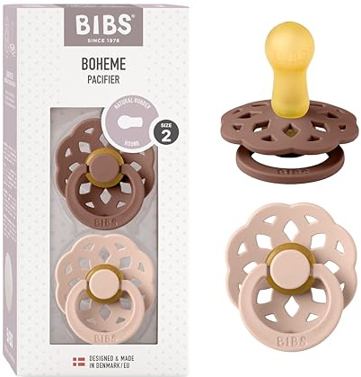BIBS Boheme Soother 2-Pack. BPA Free. Round Nipple, Size 2 (6-18 Months), Woodchuck/Blush