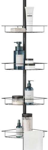 Zenna Home Duschhylla med spänningsstång, med 4 korghyllor med handduksstänger, rostbeständig hörnduschorganiserare, justerbart badrumsduschställ för badtillbehör, matt svart, 152–247 cm
