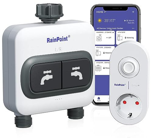 RAINPOINT Bewässerungscomputer WLAN 2 ausgänge 2,4 GHz mit Wi-Fi-Hub, Intelligenter Garten Bewässerungsuhr mit App/Sprachsteuerung, Für die automatische Bewässerung von Gärten und Rasenflächen