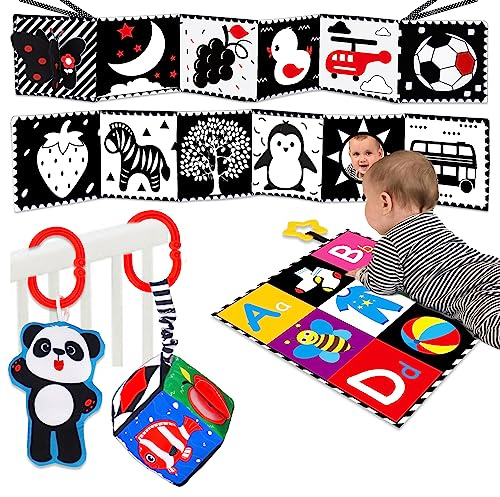 4 PCS Black and White High Contrast Baby Toys 0-3-6 Months Newborn Essential Toy for Babies Crinkle Sensory Book Brain Development Tummy Time Mirror Infant Carseat Rattle Shower Easter Gifts Boy Girl