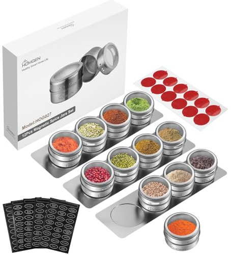 HOMGEN 12Pack Magnetic Spice Jars Set Stainless Steel Magnetic Spice Containers 100ml Magnetic Spice Jars for Fridge Durable Magnet Spice Tins Set with Lids and 3 Metal Plate Base for Kitchen etc