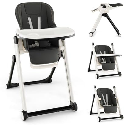 COSTWAY Seggiolone Pieghevole per Neonati, Seggiolone Pappa per Bambini con Schienale Reclinabile, Altezza Regolabile, Cintura di Sicurezza a 5 Punti, Vassoi Staccabili