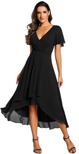 Ever-Pretty Women's Chiffon V-Neck Short Prom Dresses Wedding Guest Dress with Ruffled Sleeves Black 14UK