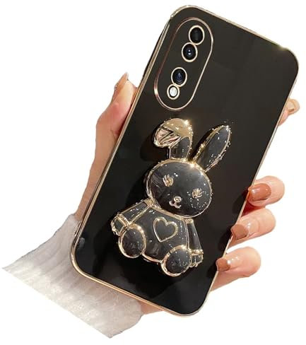Nadoli pour Honor 90 Lapin Invisible Béquille Coque,Ultra Mince Placage Cœur Bunny Pliant Supporter Antichocs Silicone Flexible Coque Housse Étui de Potection