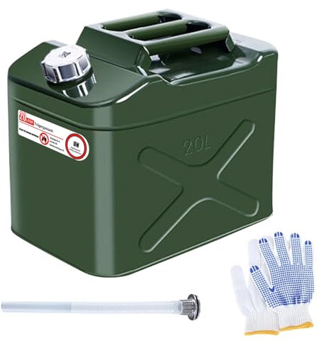 Tanica per benzina 20 l, in metallo, 20 litri, in lamiera d'acciaio, con beccuccio standard ONU, flessibile, per benzina, diesel