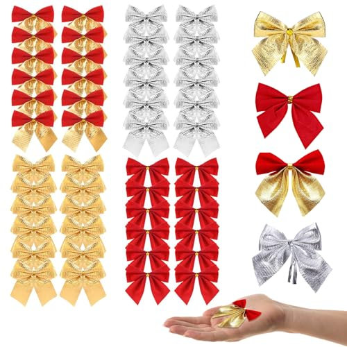 sizzlepop 48 PCS Weihnachtsschleifen, Mini Weihnachtsschleifen, 4 verschiedenfarbige Schleifen, Christbaumschmuck Schleifen, Weihnachtsbaum Deko für Türen, Fenster, Gärten
