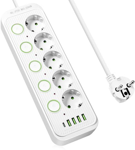 Hoppac Steckdosenleiste mit USB, 2m Mehrfachsteckdose 5 Steckdosen mit 4 USB A Anschlüssen und 1 USB C Anschluss, Mehrfachsteckdose mit Überspannungsschutz und Einzelschalter (2500 W 10 A)