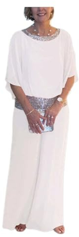 Zweiteiler Damen Lose Rundhalsausschnitt Pailletten Farbblock Kurzarm Chiffon Top Casual Wide Bein Hosen Set Mit Tasche für Party Business Festlich Hochzeits Travel White XL