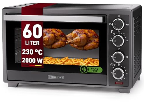 Heinrich´s Minibackofen mit Umluft 60L - Backofen klein mit Drehspieß, Airfryer-Einsatz inkl. Timer, Innenraumbeleuchtung, 100-230 °C, mit großem Sichtfenster, inkl. Zubehör, schwarz, 2000W