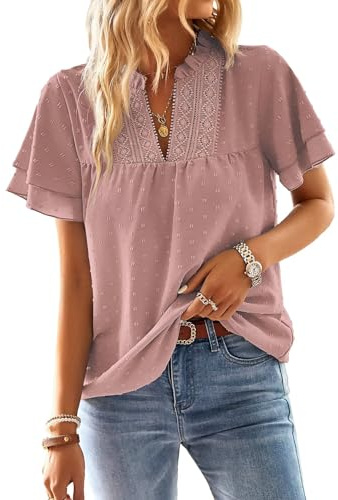 TUUHAW Chemisiers et Blouses Femme à Manches Courtes d'Été Col en V Tunique | Bohème Fluide Chemise, Élégant Lâche Plissé Blouse, Volants Décontracté T Shirt, Uni Hauts, Dentelle Blouse, d'Affaires Top