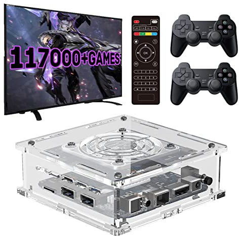 Retro spelkonsol med 256 GB lagring och 117 000+ förinstallerade spel, 2 trådlösa kontroller, kompatibla med PS1/PSP/MAME, för 4K TV HD/AV-utgång