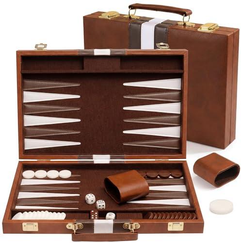 PUYUKO Backgammon Set för 2 Spelare Vikbart Backgammonspel i PU-Läder, 11 Rese Backgammon med 30 Spelpjäser, 4 Tärningar, Fördubblingstärning och 2 Tärningskoppar (Brun)
